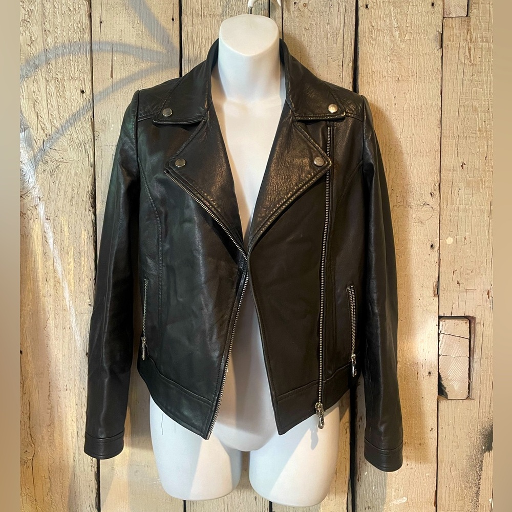 Uterqüe black leather motorcycle jacket . Size small